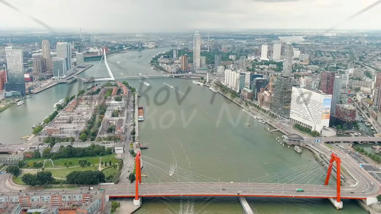Rotterdam, Netherlands. Erasmus Bridge. Willemsbrug Bridge. Noordereiland Island. View of the cit...