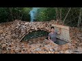 Building a Survival Shelter and Fireplace in The Earth | Warm Shelter From Bamboo and Clay