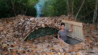 Building a Survival Shelter and Fireplace in The Earth | Warm Shelter From Bamboo and Clay