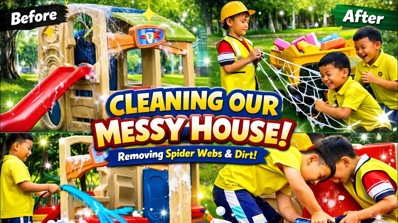 Cleaning Our Messy Playhouse 🧹 | Kids Remove Spider Webs & Dirt | Fun Cleaning Day