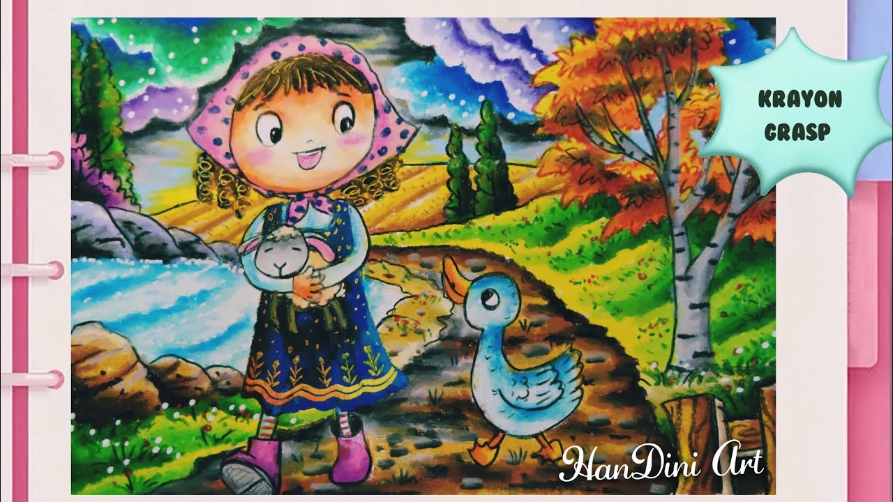 Menggambar Anak Perempuan Berambut Ikal Bersahabat dengan Bebek  Krayon Grasp HanDini Art 