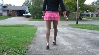 Crossdresser Getting the Paper in Pantyhose and a Pink Tu Tu