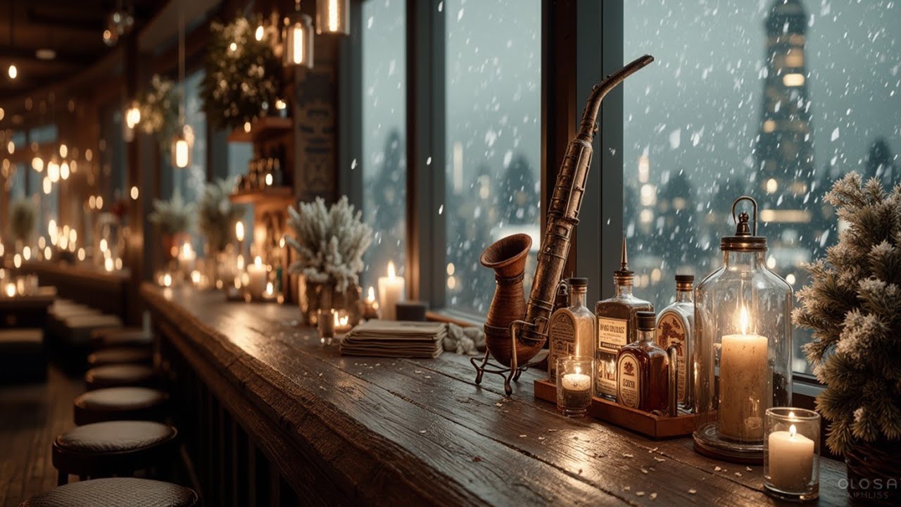 Романтический саксофонный джаз-бар | Расслабляющее фортепианное настроение и виды снежного города