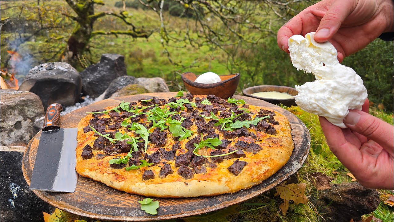Giant Whiskey Steak Pizza with Pineapple | ASMR Outdoor Cooking Experience