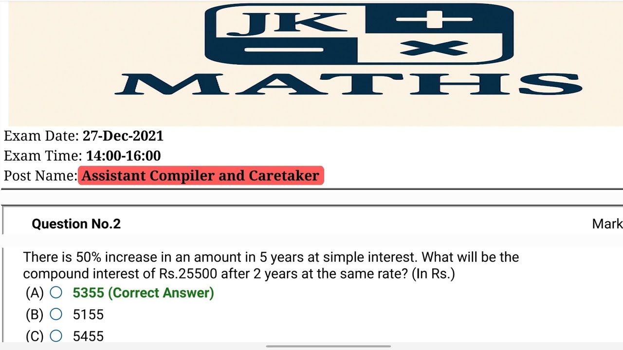 JKSSB JUNIOR ASSISTANT LEVEL ASSISTANT COMPILER EXAM 2021 PYQS | Jkssb pyqs | Maths for jkssb | 