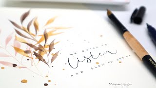 wedge brush watercolor painting branches & Tombow Fudenosuke