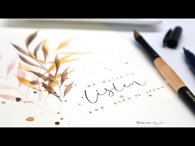 wedge brush watercolor painting branches & Tombow Fudenosuke