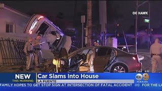 Rooftop Crash: 4 Injured When Car Comes Flying Into Side Of La Puente Home