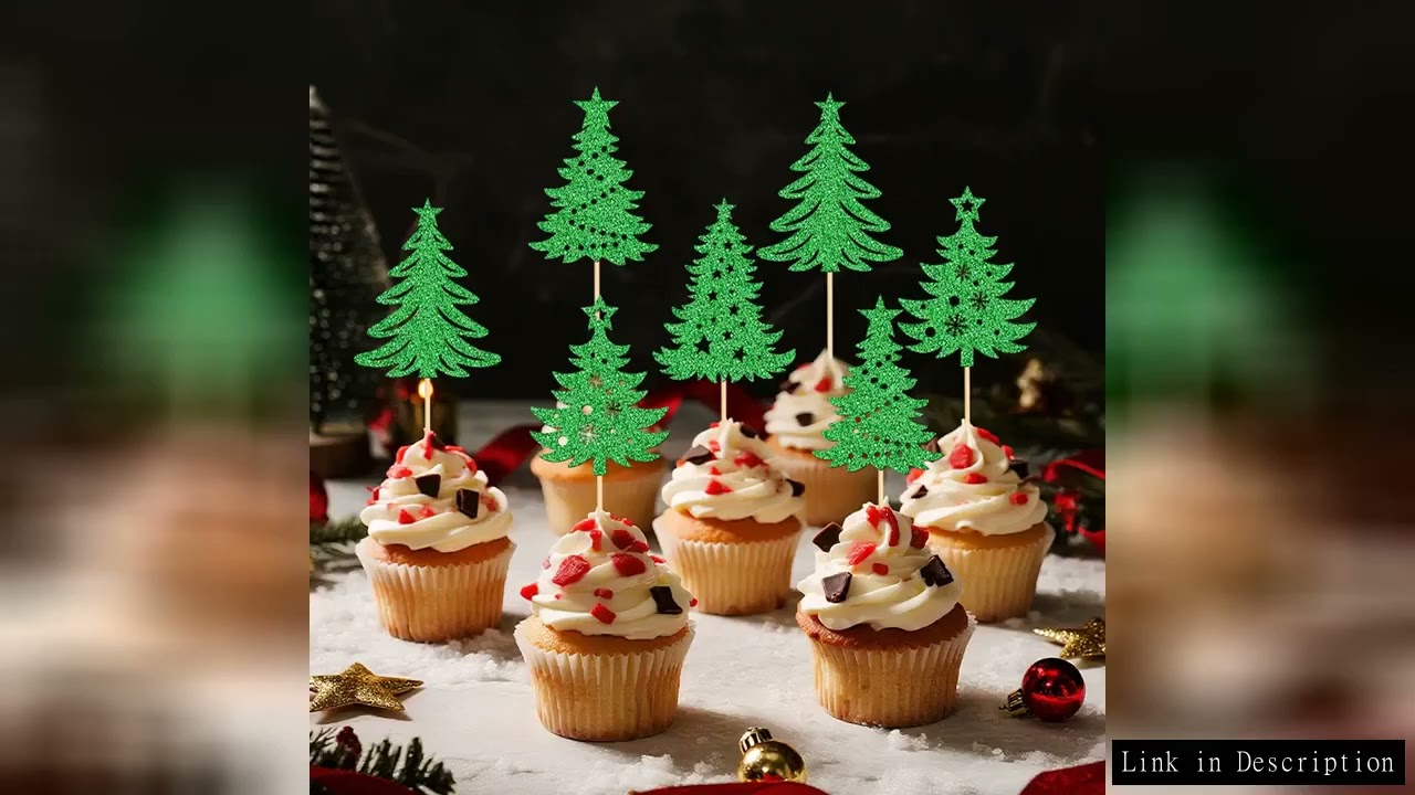YOMDID 24Pcs Christmas Tree Cupcake Toppers Glitter Christmas Tree Cake Decoration Winter Christmas