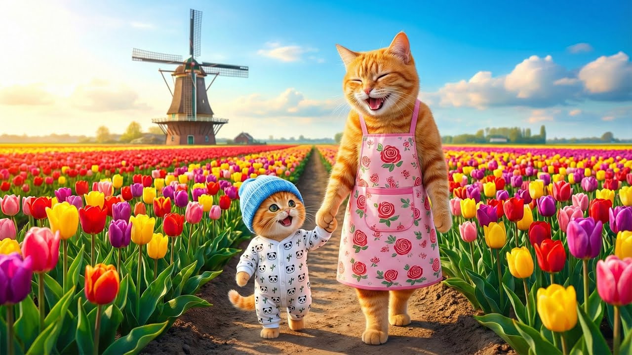 Cute kitten and Mama Cat explore the tulip fields in Amsterdam 🌷🐱✈️