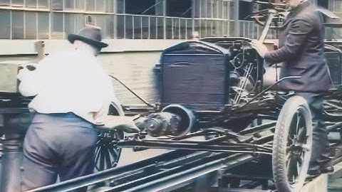 Starting Ford Model T Engines on the Assembly Line (Colorized)