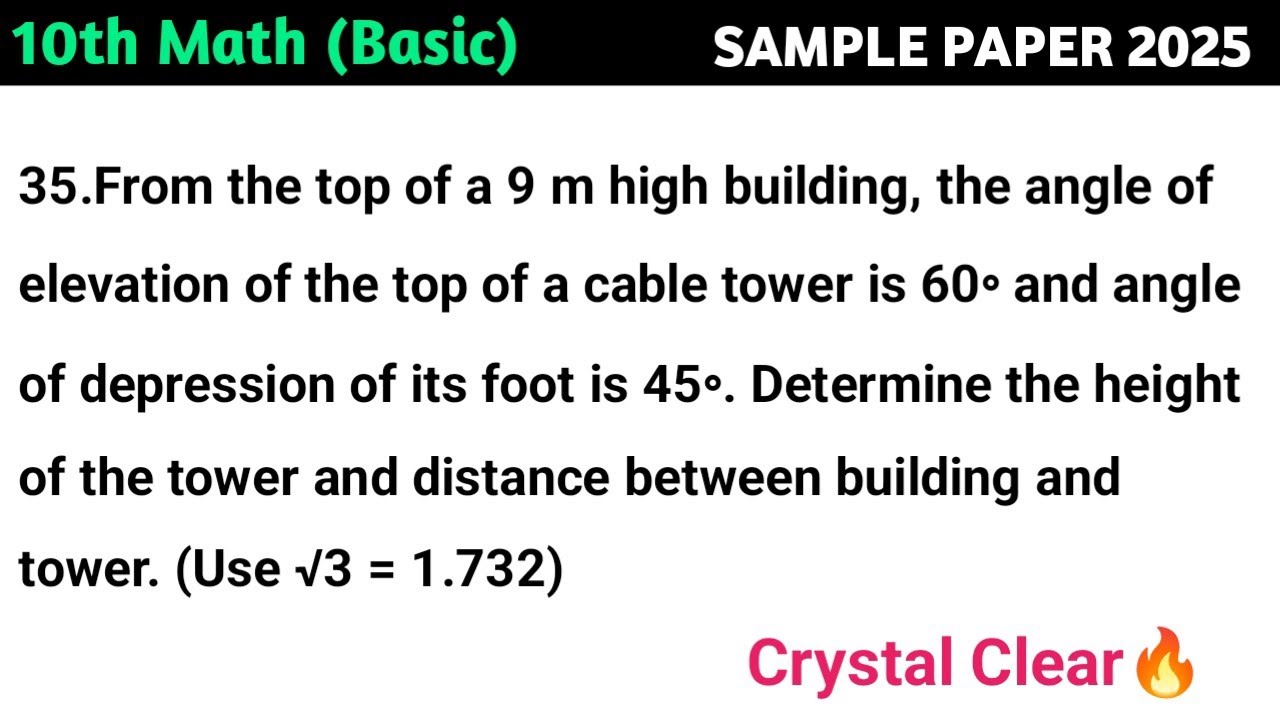From the top of a 9 m high building, the angle of elevation of the top of a cable tower is 60∘ and