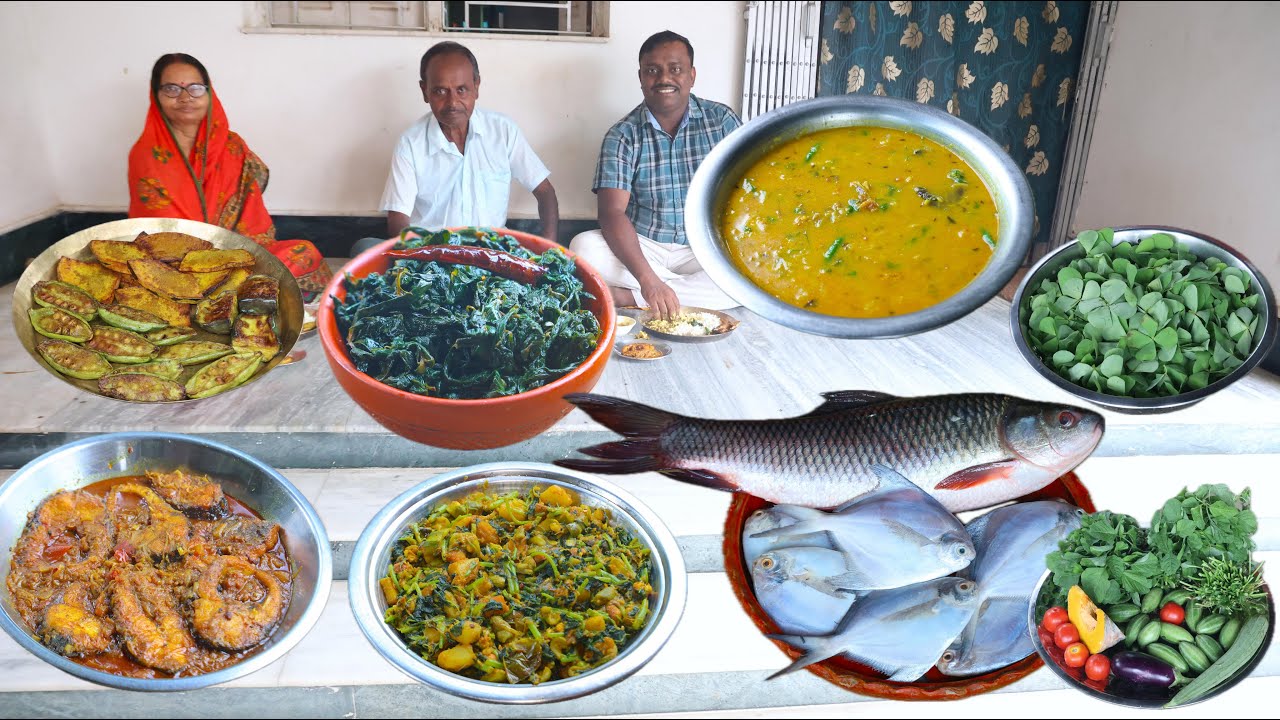 পমফ্রেট ফ্রাই, রুই কালিয়া, শুশুনি শাক ভাজা, নোট শাক চর্চরি, মাছের মাথা দিয়ে মুগের ডাল, ভাজা