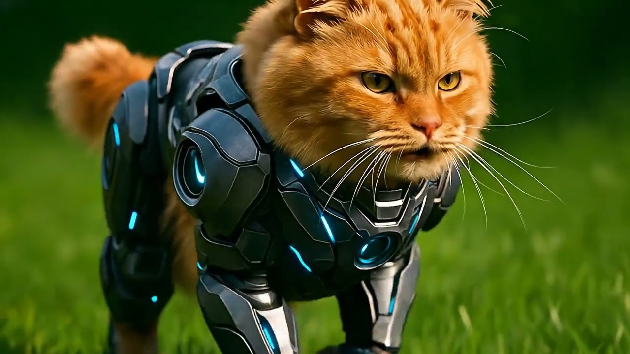 Futuristic cat wearing an armour walking n elegance. Cute fluffy cat.