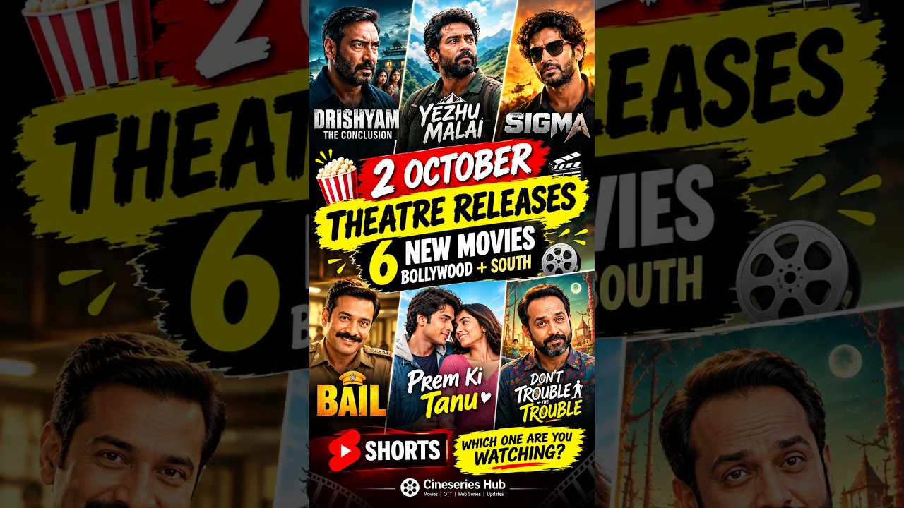 2 October Theatre Releases 2026 🔥 Drishyam 3, Yezhu Malai, Sigma & More | New Movies This Week