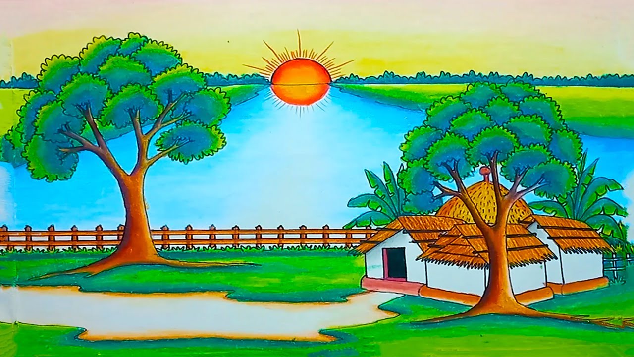 How to draw sunset scenery | riverside sunset drawing | village sunset ...