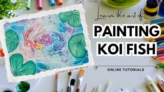 Drawing and painting koi fish in a pond with lotus flower
