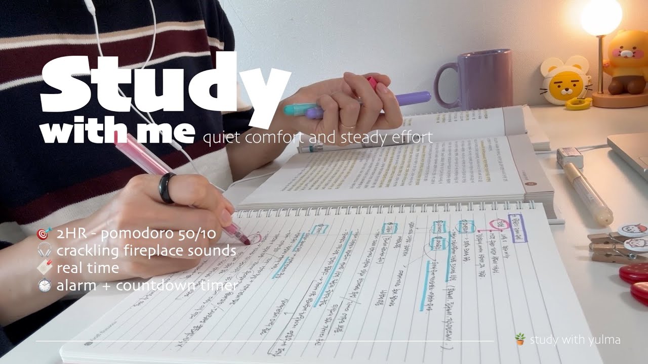 🗓️2HR STUDY WITH ME(50/10)ㅣcrackling fireplace soundsㅣpomodoro alarm & timer