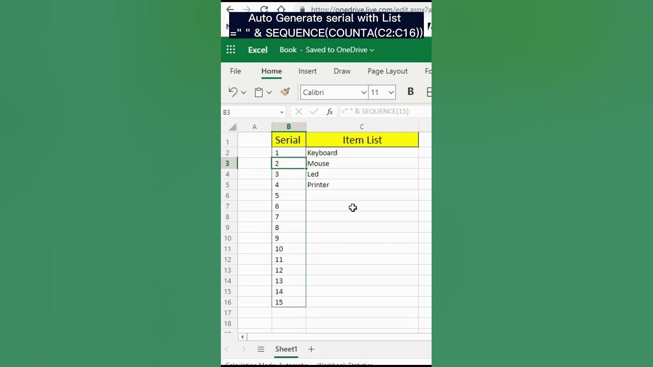 How to Generate auto serial in Excel list | Sequence Function ...