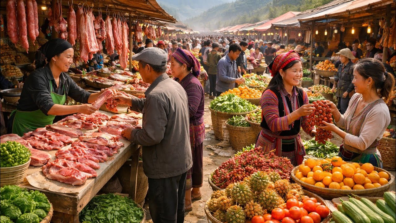 Explore the buffalo meat market on Hop Thanh Bridge, Lao Cai, Vietnam.