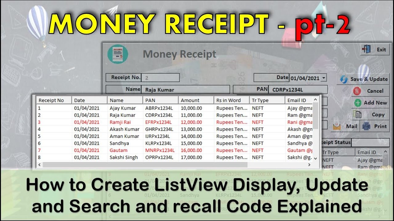 Money Receipt Software pt-2 | How to Create ListView, Display, Update & Search