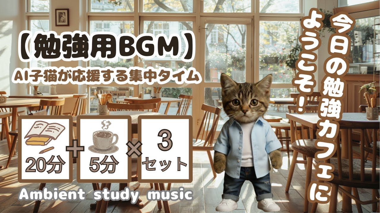 【20分×3セット】ポモドーロタイマー│Lo-fi風アンビエントの集中用BGM│AI子猫と勉強時間