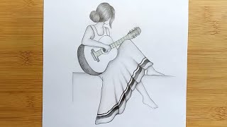 How to draw a girl with Guitar for Beginners step by step Pencil sketch Tutorial