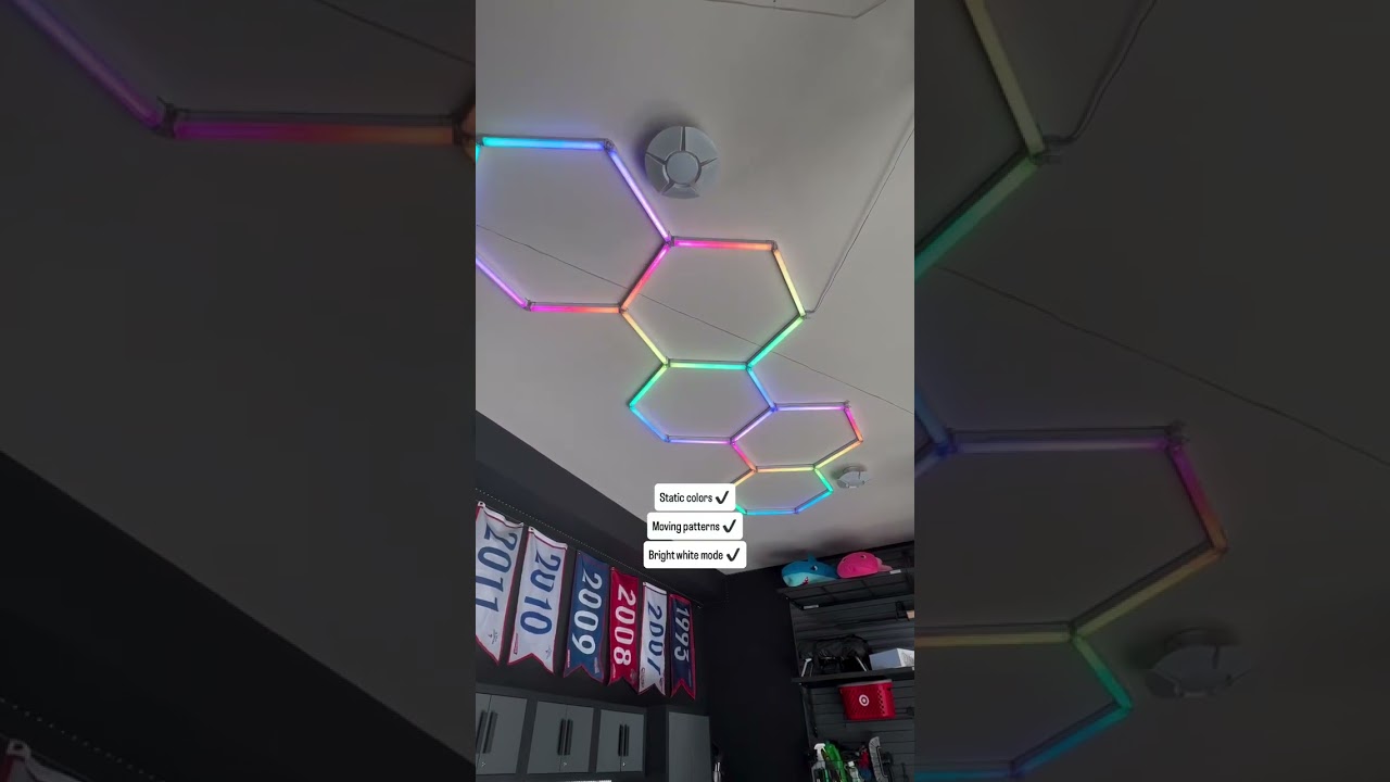 these smart RGB hexagon garage lights completely changed the space. #hyperlite #GarageMakeover