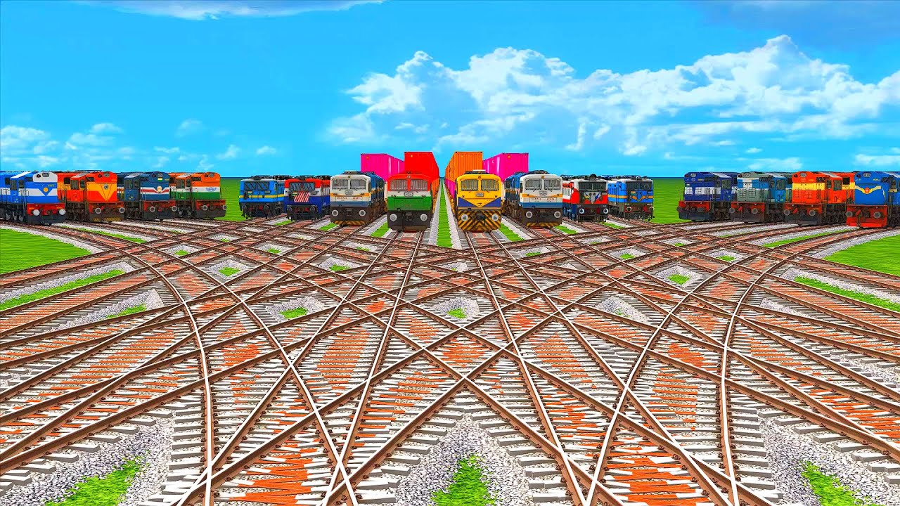 AS MUCH 16 DIESEL TRAINS RUMBLE CROSSING AT CRAZY BUMPY FORKED CRISS-CROSS RAILROAD CROSSING #76