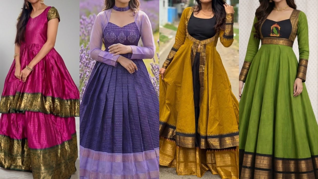 gown saree dress design Latest Silk Ideas 2026 | Pattern Long Gown Design Pattu COLOR:Green Slate Veranera Navy Coast Velvet And Ready to wear /