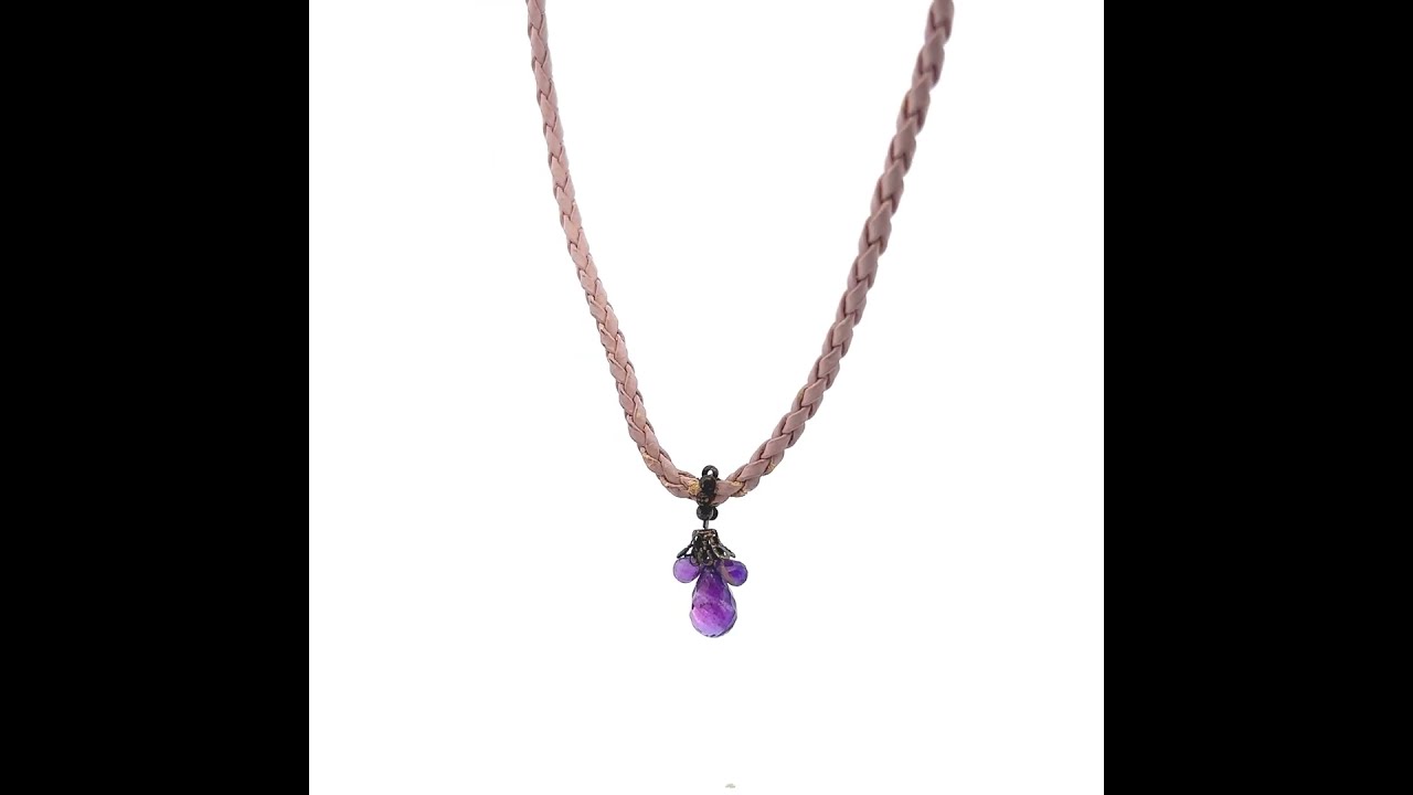 Natural Amethyst Drop with Light Pink Leather Braided Cord Gemstone Necklace