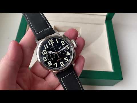 Чоловічий годинник Zenith Pilot Type 20 Silver Black AAA наручний кварцовий з хронографом на шкіряному ремені, видео 1