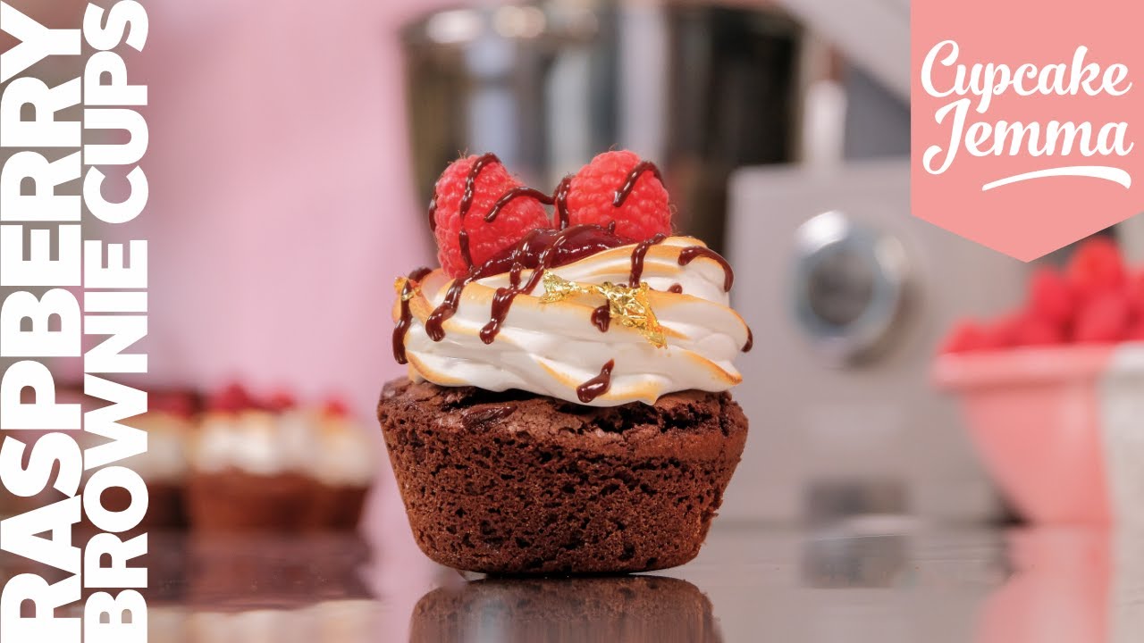 Raspberry Brownie Cups with Toasted Meringue Icing Cupcake Jemma