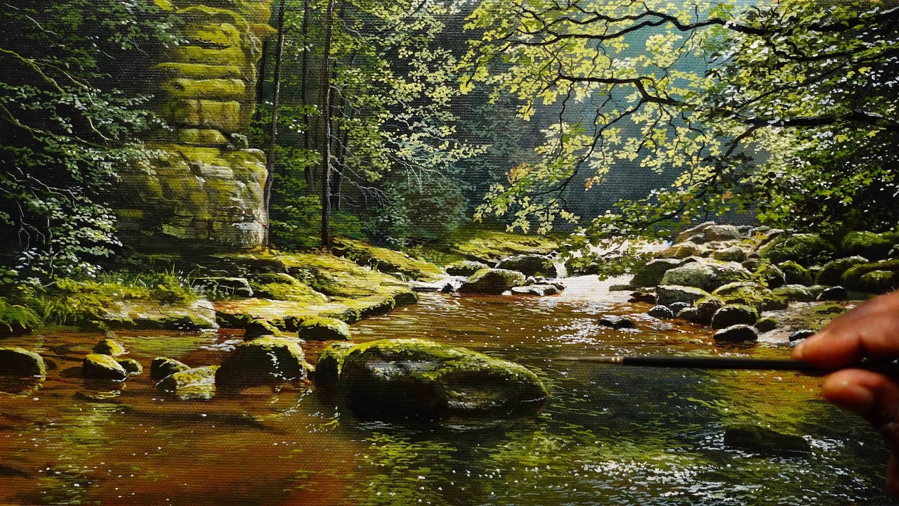 Painting a Beautiful River Side Landscape With Acrylics | Time lapse
