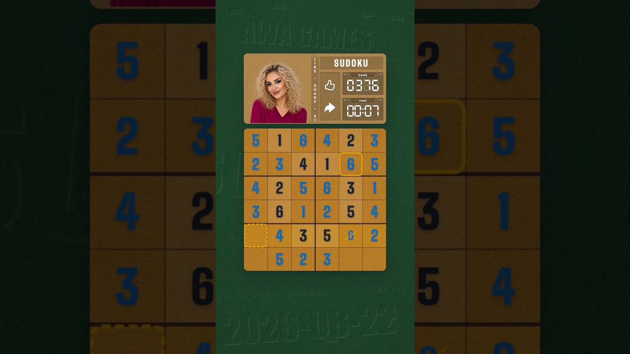 LinkedIn Mini Sudoku #376 solved board for August 22, 2026, 6x6 grid