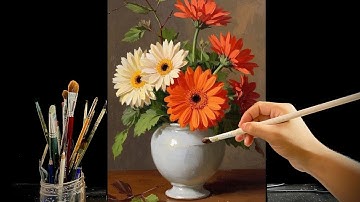 🎨 Painting Vibrant Gerbera Daisies in a White Vase | Relaxing Acrylic Floral Art Tutorial | #136