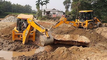 Two JCB Backhoe Trying To Pull Heavy Concrete Slab - JCB Backhoe Power - JCB Video