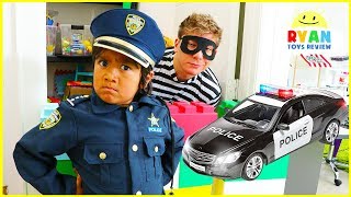 ryan pretend play police officer helps find treasure toys