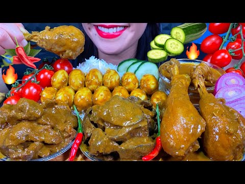 ASMR SPICY CHICKEN CURRY, CHICKEN LIVER & GIZZARD CURRY, EGGS CURRY, RICE MASSIVE Eating Sounds