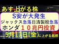 あす上がる株　2024年５月１７日（金）に上がる銘柄　ジャックスと日清製粉が急落。ホンダの投資。ココナラの決算と株価。三井住友、三菱UFJ哀楽。～最新の日本株での株式投資。高配当株やデイトレ情報も～