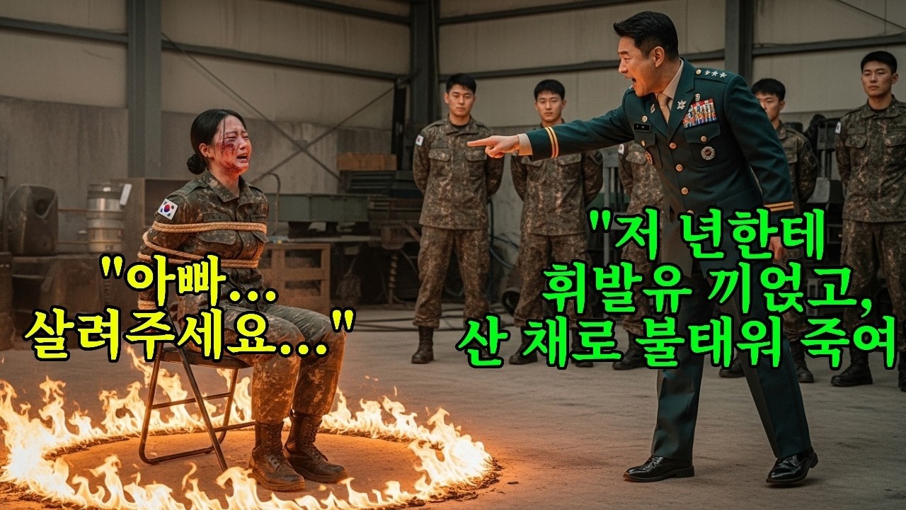 여군을 의자에 묶고 불을 붙인 악마 사단장  잠시 후, 그녀의 아버지인 '별 3개' 중장과 어머니인 '별 2개' 소장이 나타나 부대 전체를 초토화시켰다