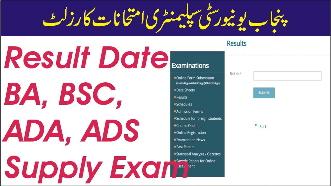 PU BA BSc ADA ADS Supplementary Exams Result PU Result of Supply