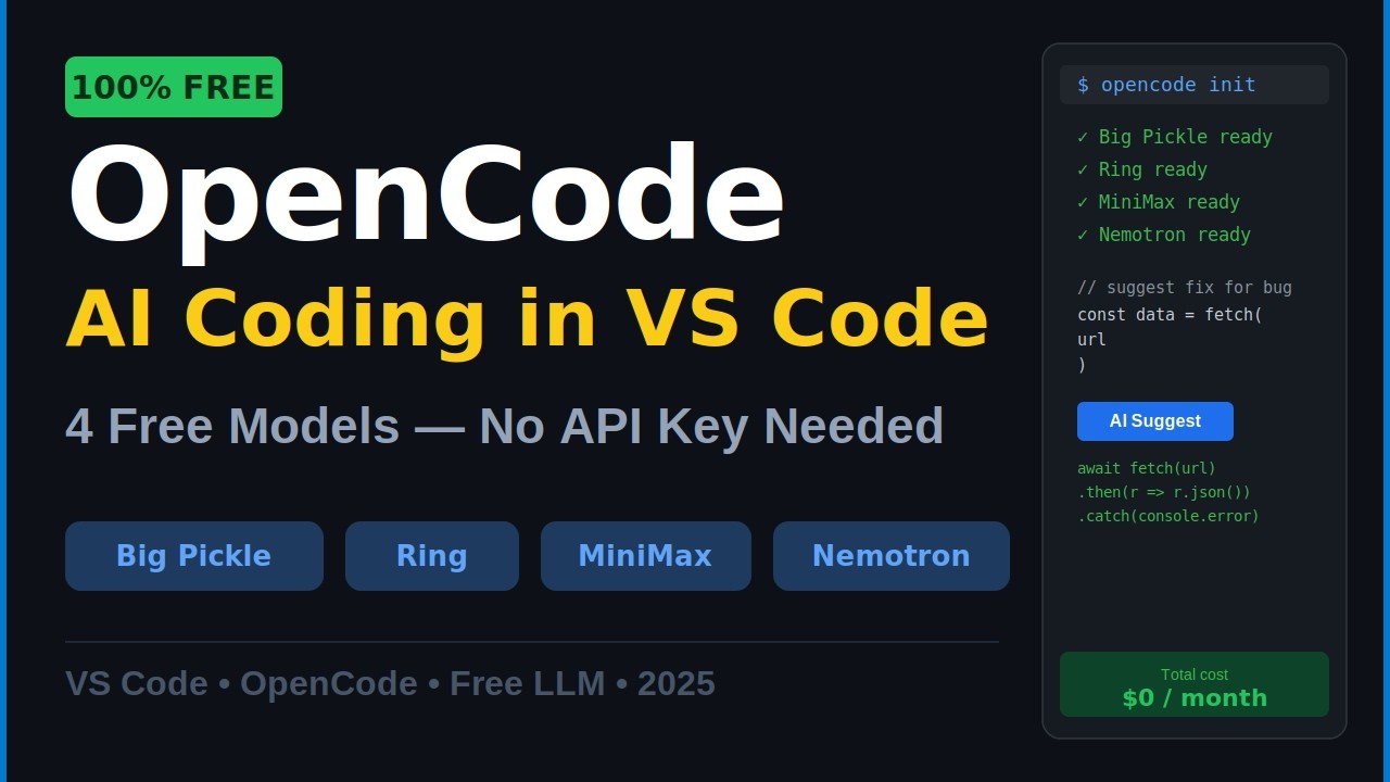 Free AI Coding in VS Code — OpenCode + 4 Free Models (Big Pickle