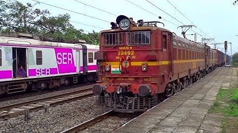 Shiny Modern 3-Phaser Panskura-Howrah Medha EMU Crossing Speedy Freight Train led by Twin WAG-5 loco