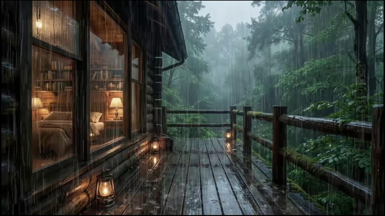 Calming rain near a forest cabin, slow rain rhythms for peaceful sleep support and insomnia rest