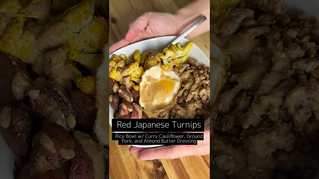 Red Japanese Turnips w/Curry Cauliflower, Ground Pork + Almond Butter/Coconut dressing #liferecipes