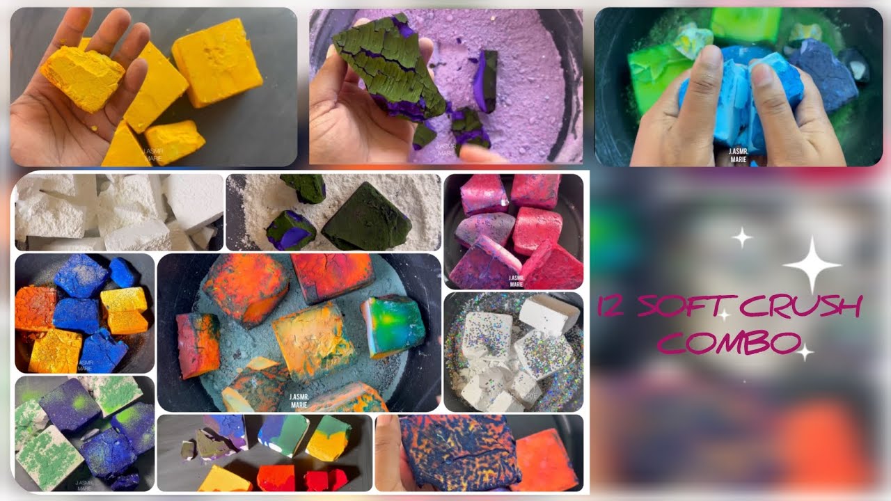 12 COMBO CRUSH with Soft + Fluffy + Dusty Blocks | Dyed Chalk Crush Platter | 💙🩵💚💛🤍💜❤️🧡 | #asmr