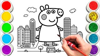 Peppa Pig as a Giant in a City Drawing, Painting & Coloring For Kids and Toddlers_ Child Art