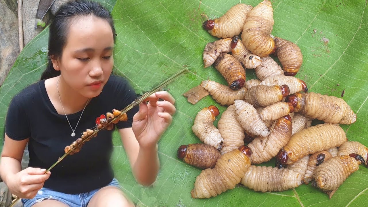 Beautiful Girl Eating Larvae Coconut Worm- Eating Delicious - YouTube