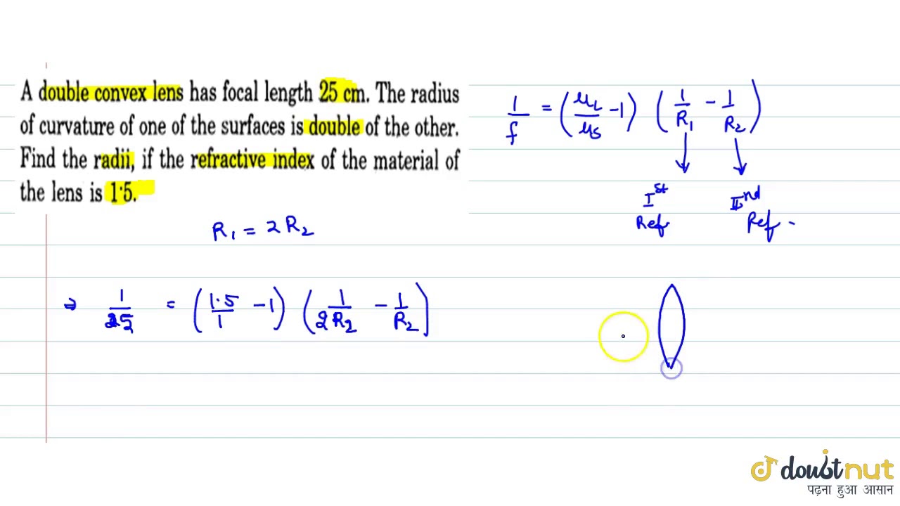 A Double Convex Lens Has Focal Length 25 Cm The Radius Of Curvature Of One Of The Su  A Double Convex Lens Has Focal Length 25 Cm The Radius Of Curvature Of One Of The Su